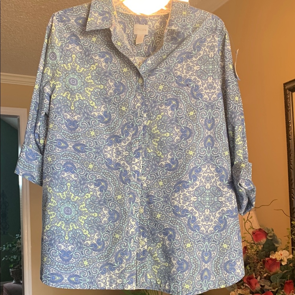 Chico's Blue and Green Paisley Button Down Shirt chicos size 2 ( Large / size12)